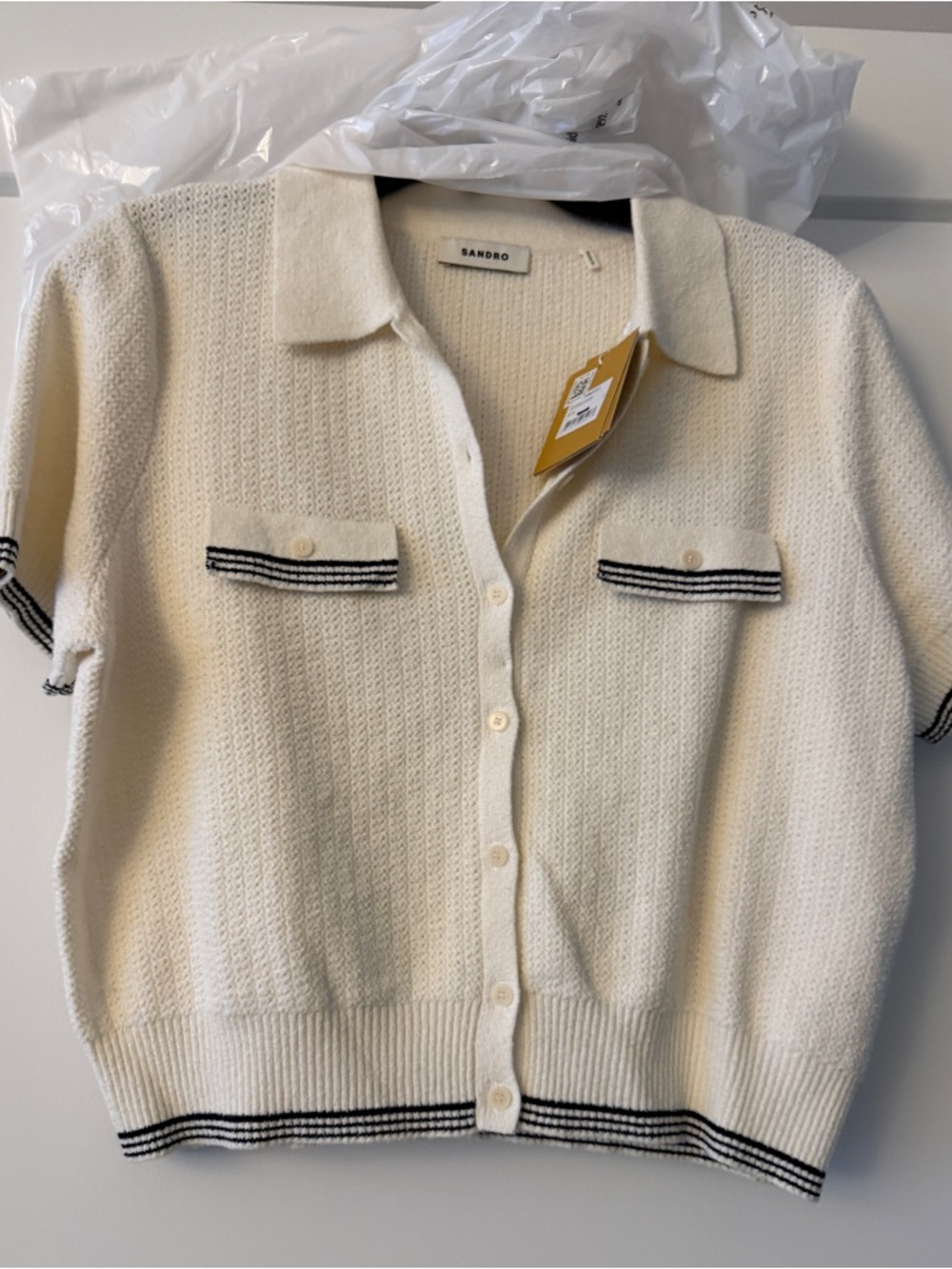 Sandro Cream Short-Sleeve Knit Cardigan with Black Trim